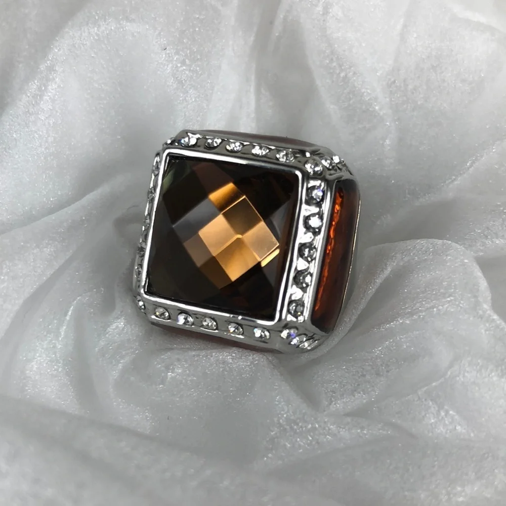 Smoky Quartz Ring Men's Size 8 Square Simulated Stones Faceted Silver Tone Band